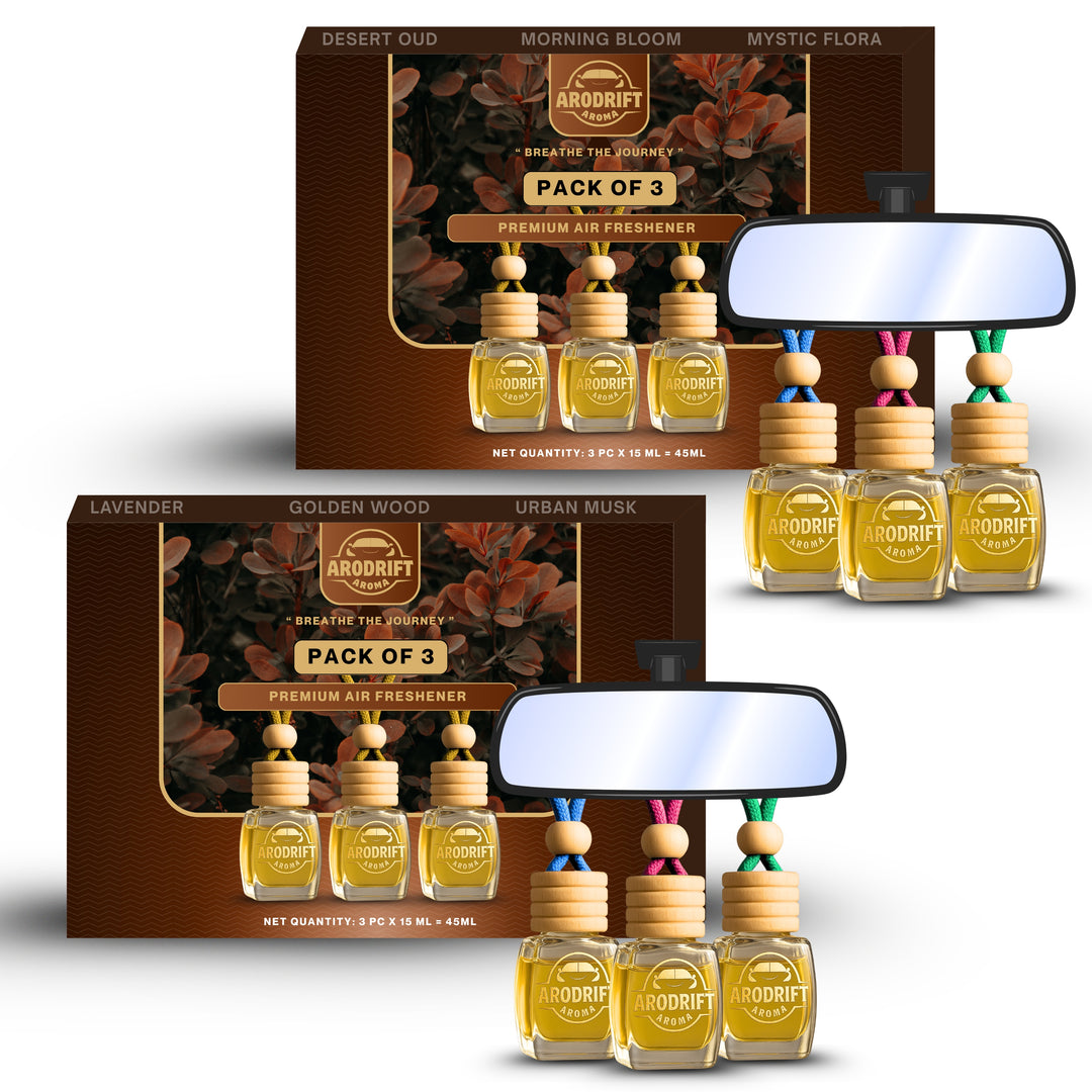 AroDrift Premium Hanging Car Perfume | Combo Pack Of 6 | Desert Oud, Morning Bloom, Mystic Flora, Lavender, Ocean breeze, Urban Musk | Last Up to 120 Days | Car Accessories | 15ML X 6 Bottle | 90 ML
