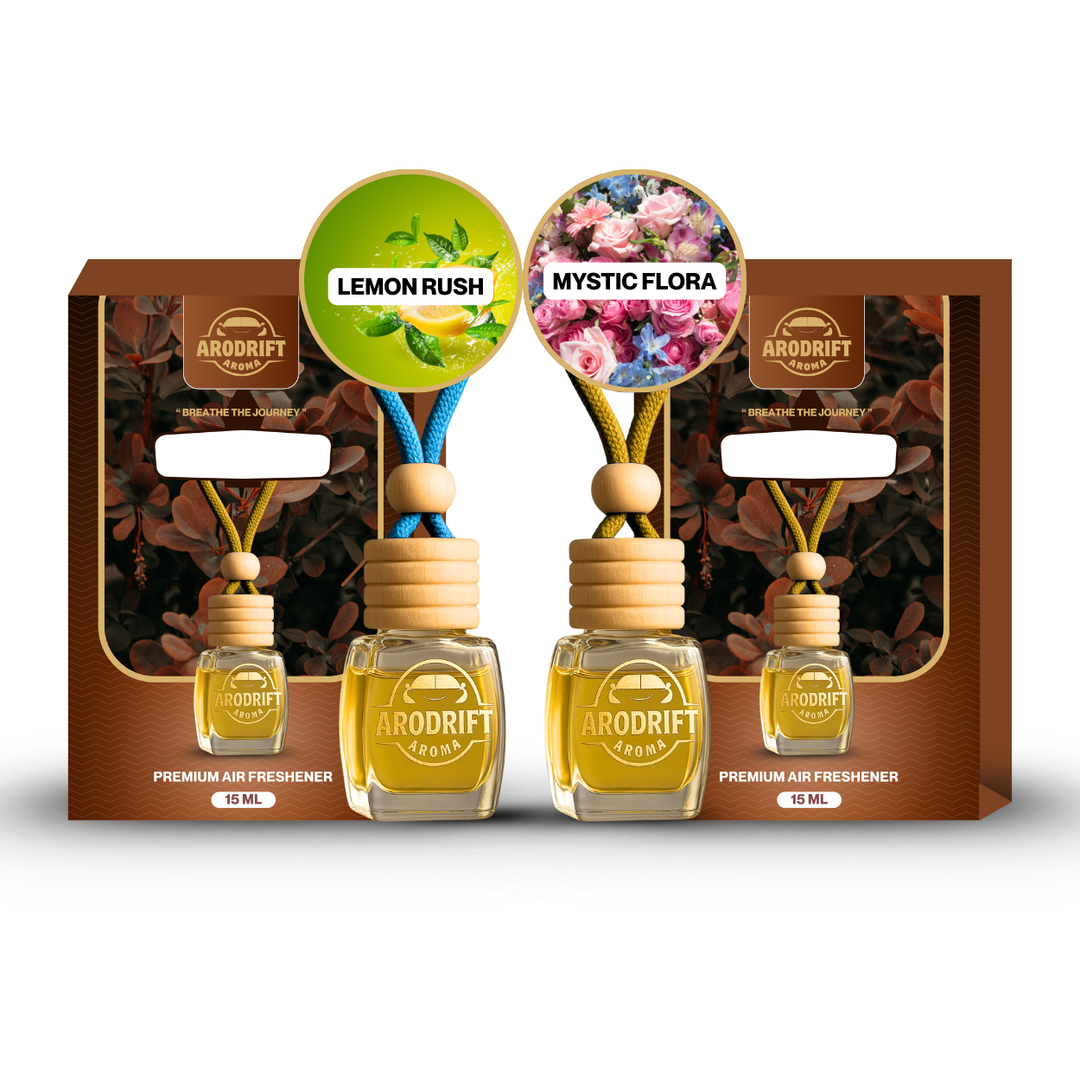 AroDrift Premium Hanging Car Perfume | Combo Pack Of 2 | Garden Bloom, Royal Oud | Last Up to 60 Days | Car Accessories | 15ML X 2 Bottle | 30 ML