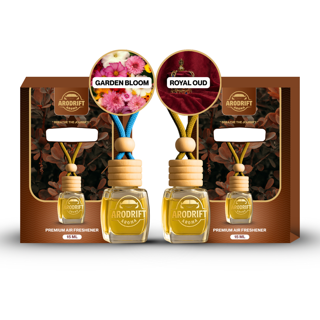 AroDrift Premium Hanging Car Perfume | Combo Pack Of 2 | Garden Bloom, Royal Oud | Last Up to 60 Days | Car Accessories | 15ML X 2 Bottle | 30 ML