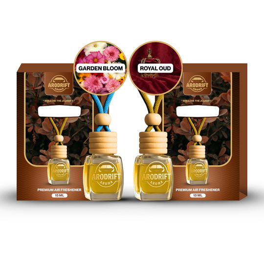 AroDrift Premium Hanging Car Perfume | Combo Pack Of 2 | Garden Bloom, Royal Oud | Last Up to 60 Days | Car Accessories | 15ML X 2 Bottle | 30 ML
