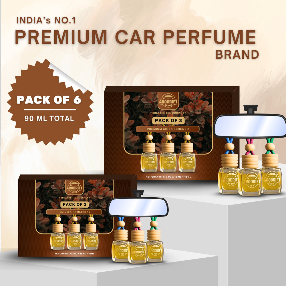 AroDrift Premium Hanging Car Perfume | Combo Pack Of 6 | Royal Oud, Golden Wood, Garden Bloom, Lemon Rush, Jasmine Rose, Horizon Mist | Last Up to 120 Days | Car Accessories | 15ML X 6 Bottle | 90 ML