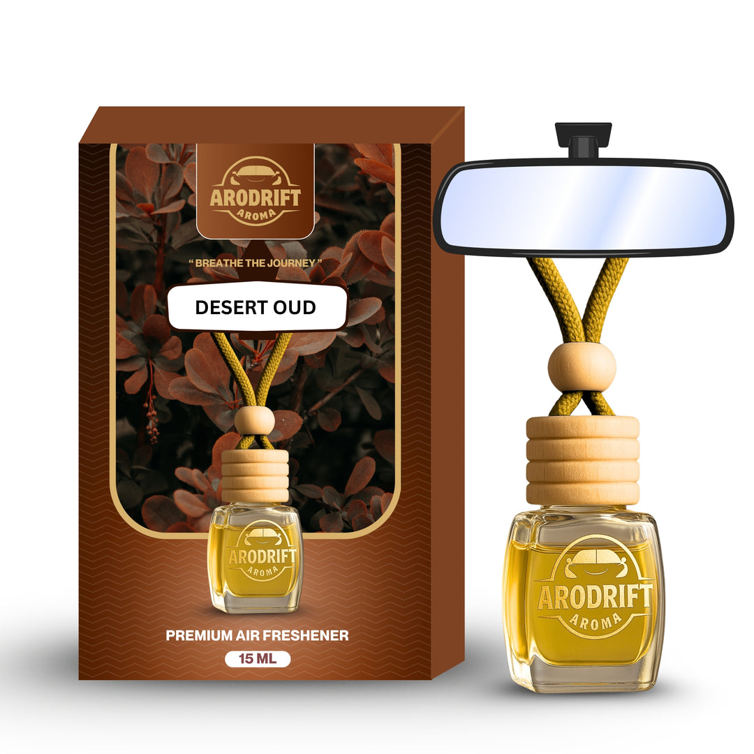 AroDrift Premium Hanging Car Perfume | Pack Of 1 | Desert Oud | Last Up to 30 Days | Car Accessories | Natural Essential Fragrance Oils in Glass Bottle with Wooden Diffuser Lid | 15ML
