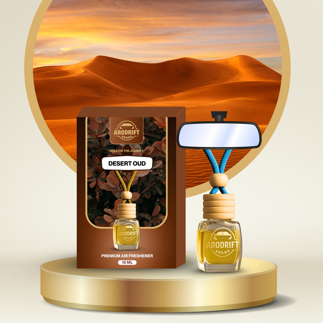 AroDrift Premium Hanging Car Perfume | Pack Of 1 | Desert Oud | Last Up to 30 Days | Car Accessories | Natural Essential Fragrance Oils in Glass Bottle with Wooden Diffuser Lid | 15ML