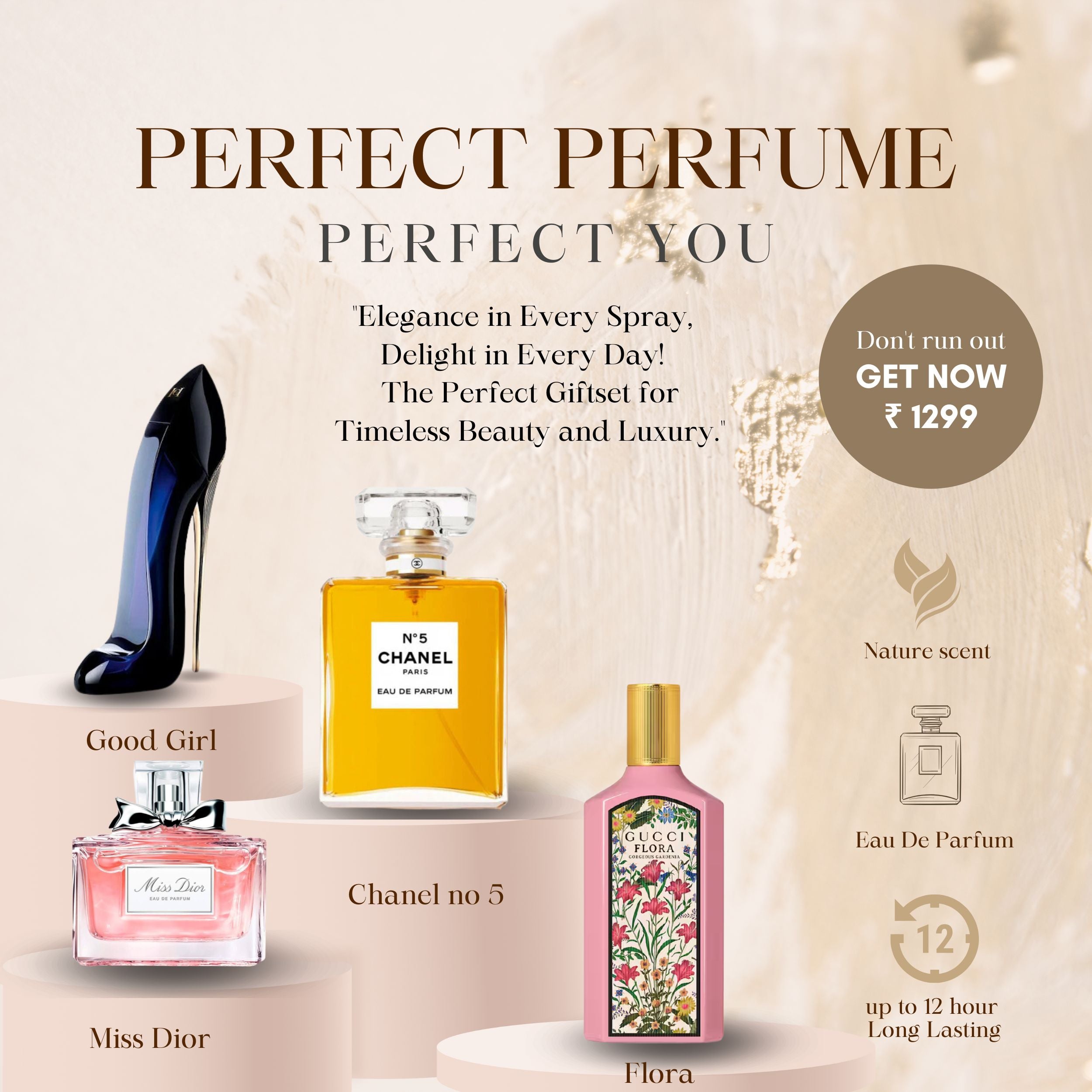 Miss Dior + Chanel No.5 + Gucci Flora + Carolina Herrera Good Girl