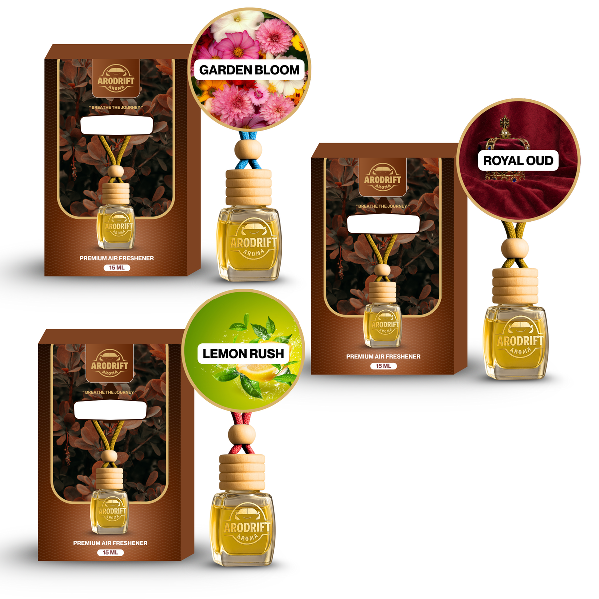 AroDrift Premium Hanging Car Perfume | Combo Pack Of 3 | Garden Bloom, Royal Oud, Lemon Rush | Last Up to 60 Days | Car Accessories | 15ML X 3 Bottle | 45 ML