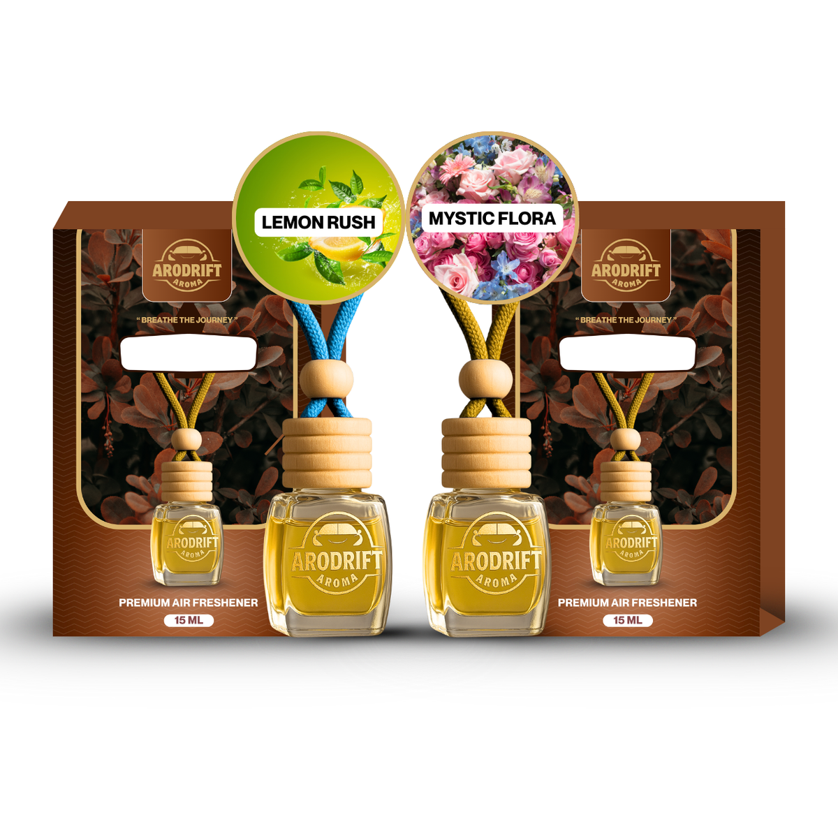 AroDrift Premium Hanging Car Perfume | Combo Pack Of 2 | Lemon Rush, Mystic Flora | Last Up to 60 Days | Car Accessories | 15ML X 2 Bottle | 30 ML