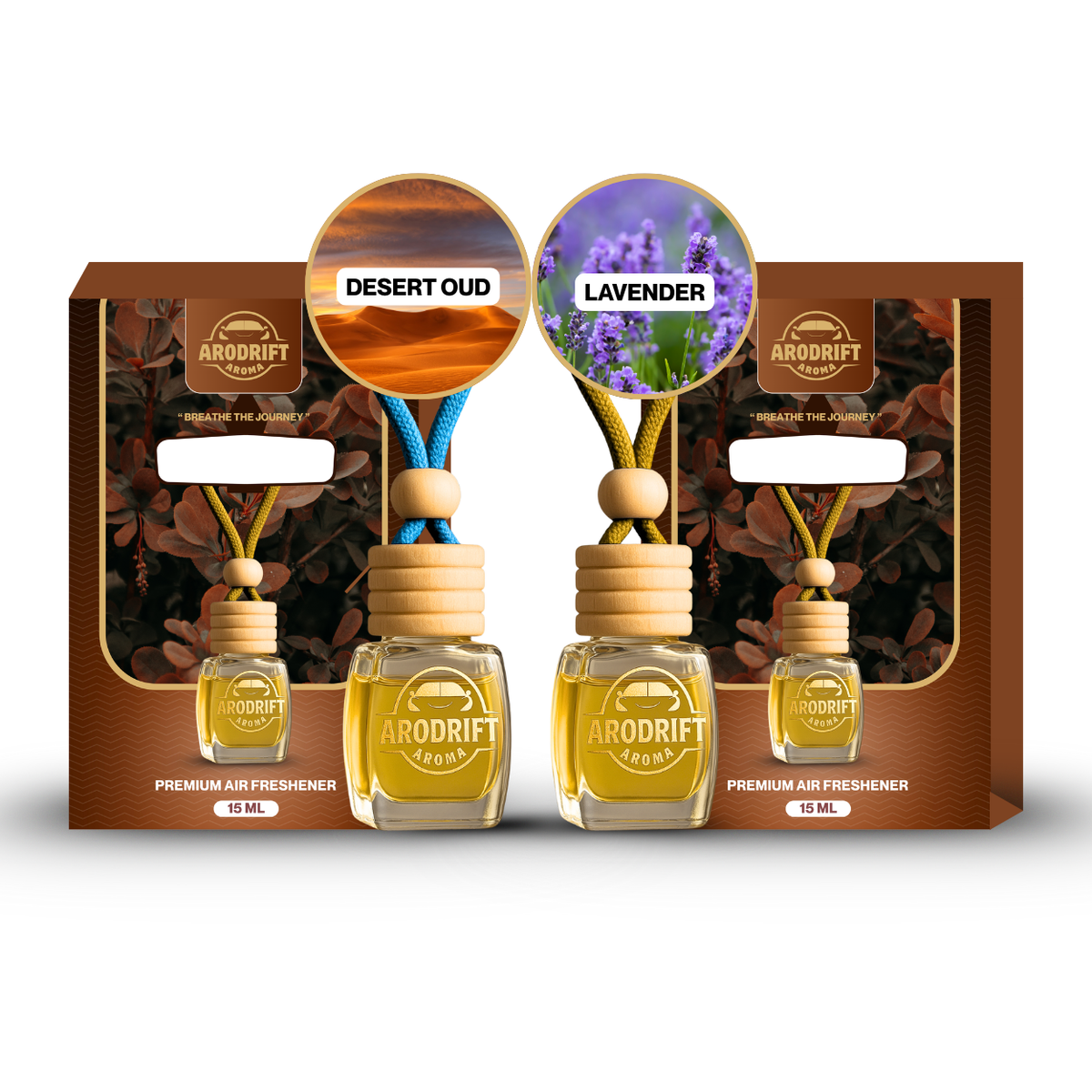 AroDrift Premium Hanging Car Perfume | Combo Pack Of 2 | Desert Oud, Lavender | Last Up to 60 Days | Car Accessories | 15ML X 2 Bottle | 30 ML