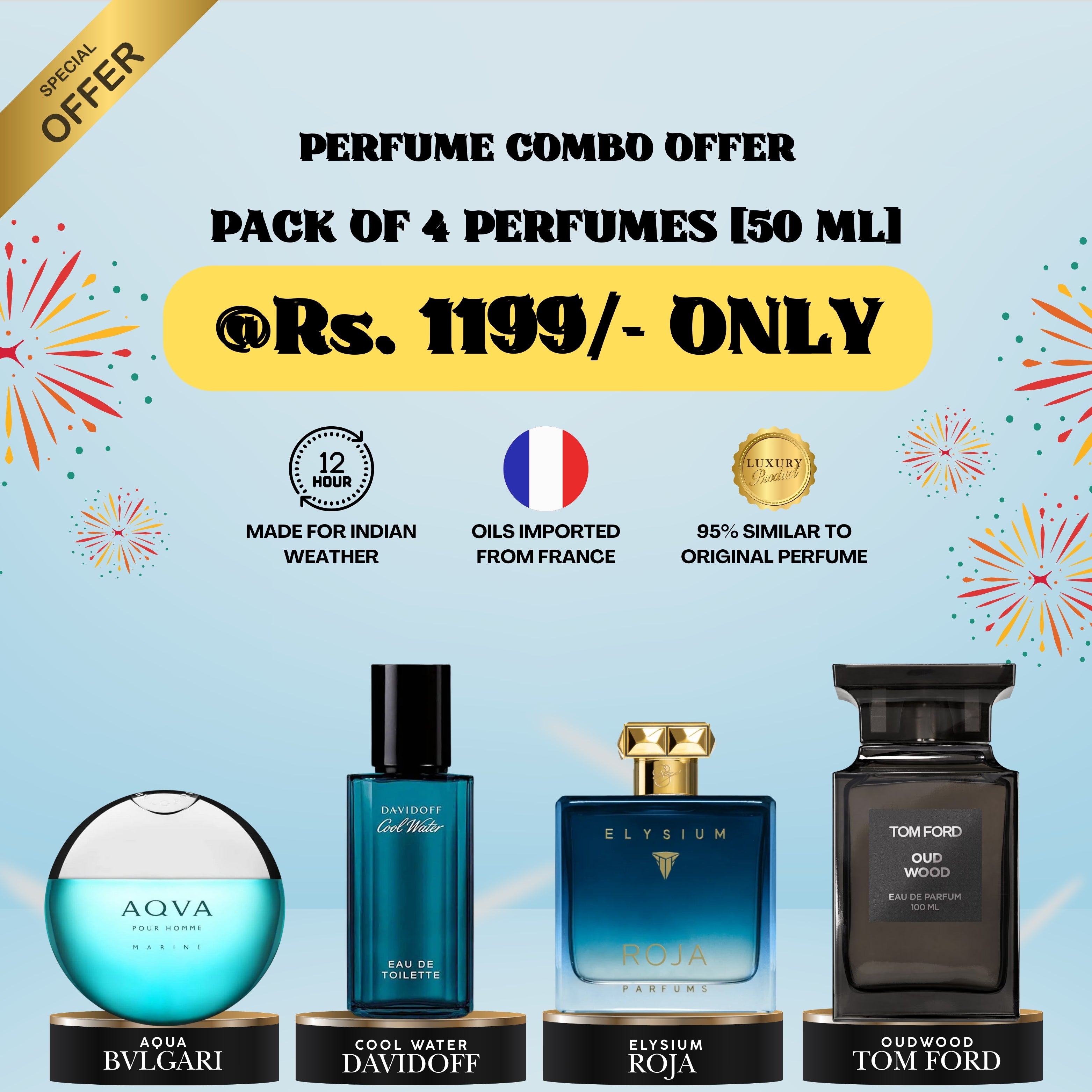 Bvlgari AQVA | Davidoff Cool Water | Roja Elysium Pour Homme | Tom Ford Oud Wood Inspired Combo Giftset [Pack of 4] | [4.9 ⭐️⭐️⭐️⭐️⭐️ Ratings]