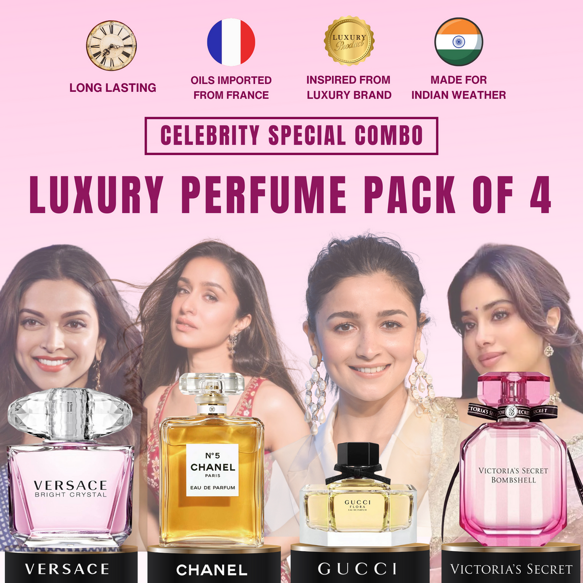 Varsace Bright Crystal + Chanel No.5 + Gucci Flora + Victoria Secret Bombshell Combo Giftset [Pack of 4] | [4.9 ⭐️⭐️⭐️⭐️⭐️ Ratings]