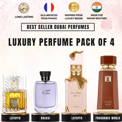 Lattafa Khamrah Qahwa | Rasasi Hawas | Lattafa Eclaire | Fragrance World Liquid Brun [Pack of 4] Exclusive Dubai Inspired Perfume Combo