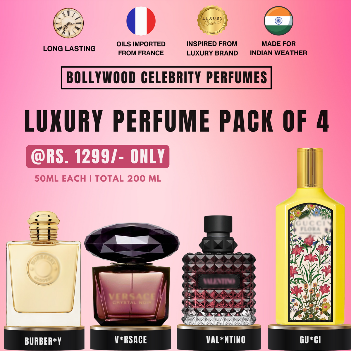 Goddess Burberry | Valentino Donna Born In Roma Intense | Crystal Noir Parfum Versace | Flora Gucci [Pack of 4] Inspired Perfume Combo [Bollywood Celebrity Edition]