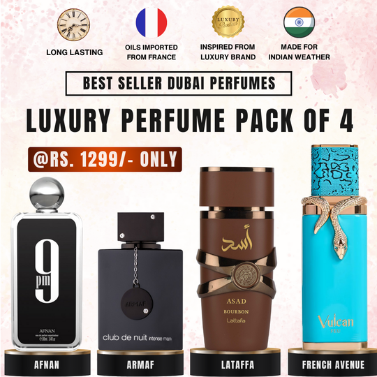Afnan 9PM | Armaf Club De Nuit Intense | Lattafa Asad Bourbon | French Avenue Vulcan Fue [Pack of 4] Exclusive Dubai Inspired Perfume Combo